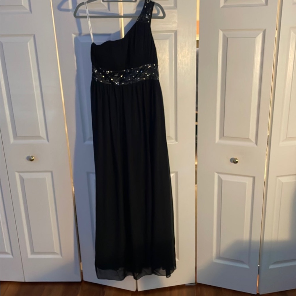 Black one shoulder David’s bridal dress